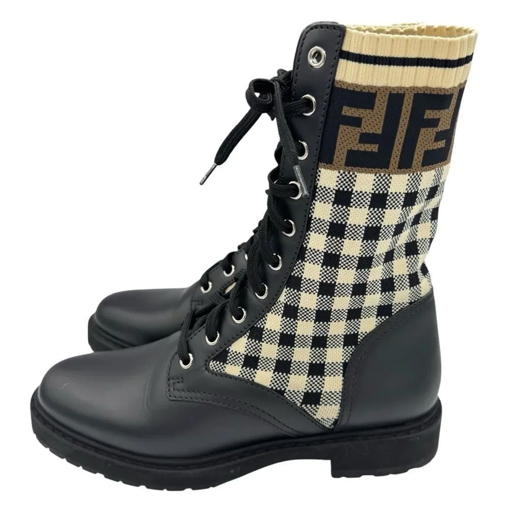 Fendi Rockoko Knit Leather Logo Biker Vitello Combat Boots Size 8.5 - Picture 2 of 12
